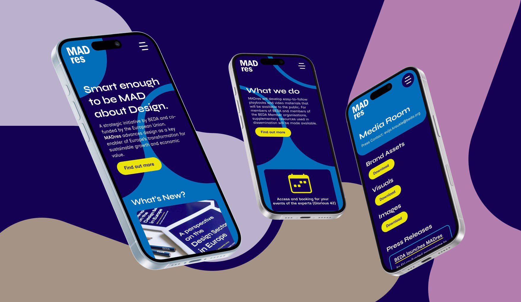 Three smartphones display different sections of the MADres website, a design research network based in Madrid. The screens highlight the homepage, a “What we do” section, and a “Media Room” with brand assets and press materials. Set against a vibrant abstract background in purple, beige, and pink tones, the layout showcases a modern, user-friendly interface focused on design collaboration and visibility.